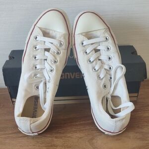 Converse White Low-Top Canvas Sneakers with Red Stripe